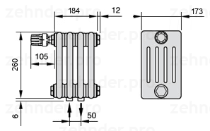 Схема (чертеж) Радиатор Zehnder Charleston 5026/4 №V007 Белый глянцевый RAL 9016